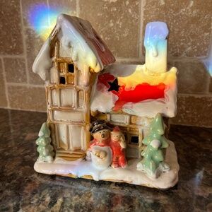 Vintage Ceramic Snowman House Tealight Holder with Stars